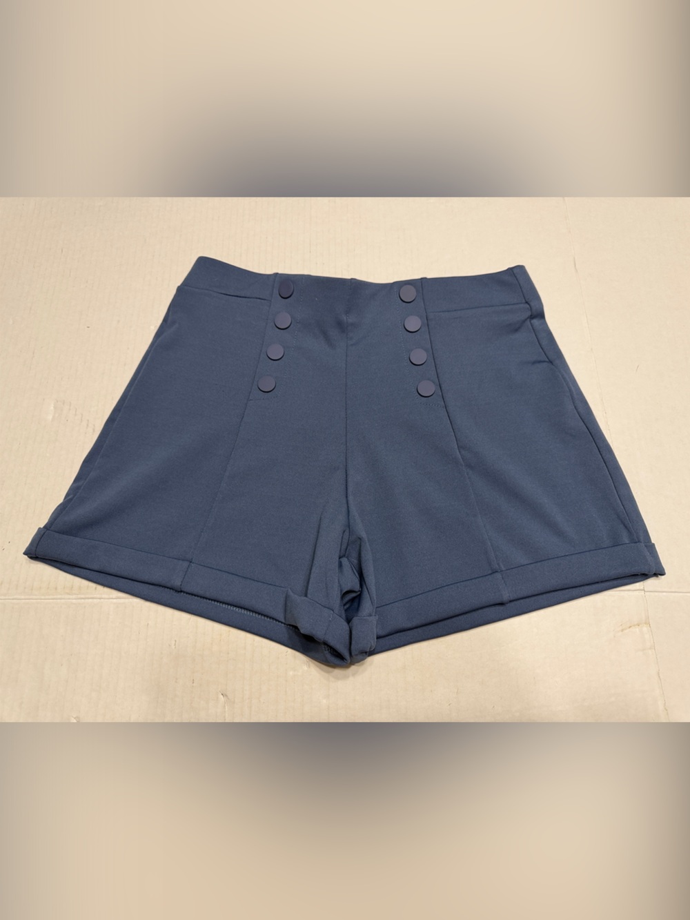 High-Waist Dusty Blue Faux Button-Front Women’s Stretchy Shorts